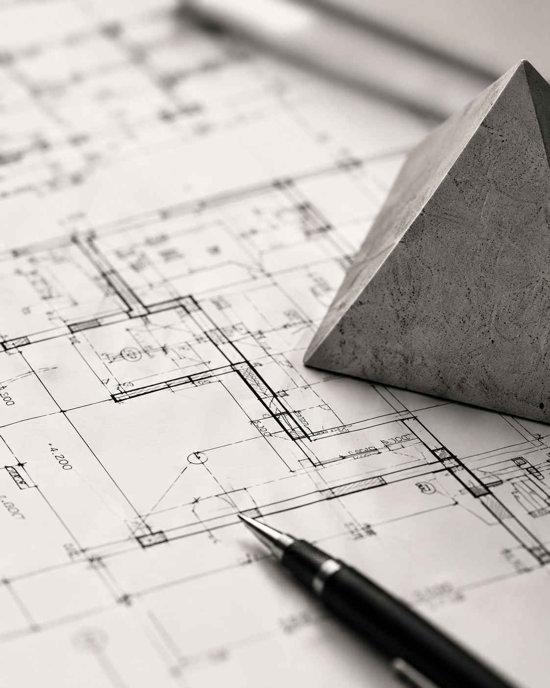 Architectural floor plan beside a three-dimensional concrete model.