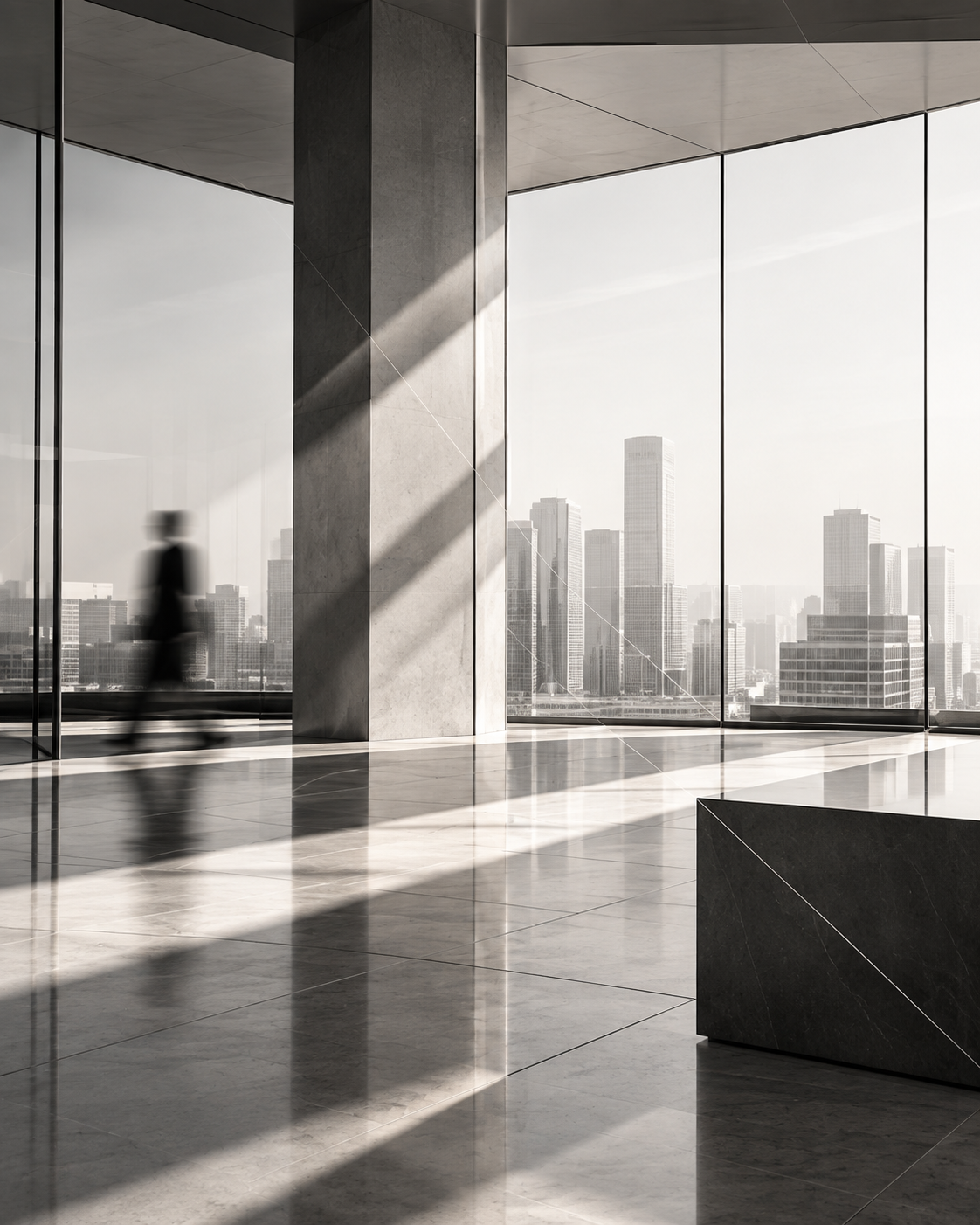 Interior of a contemporary office with glazing and a city skyline.