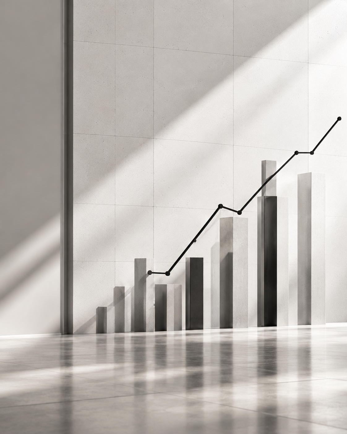 Three-dimensional bar chart with a growth line.