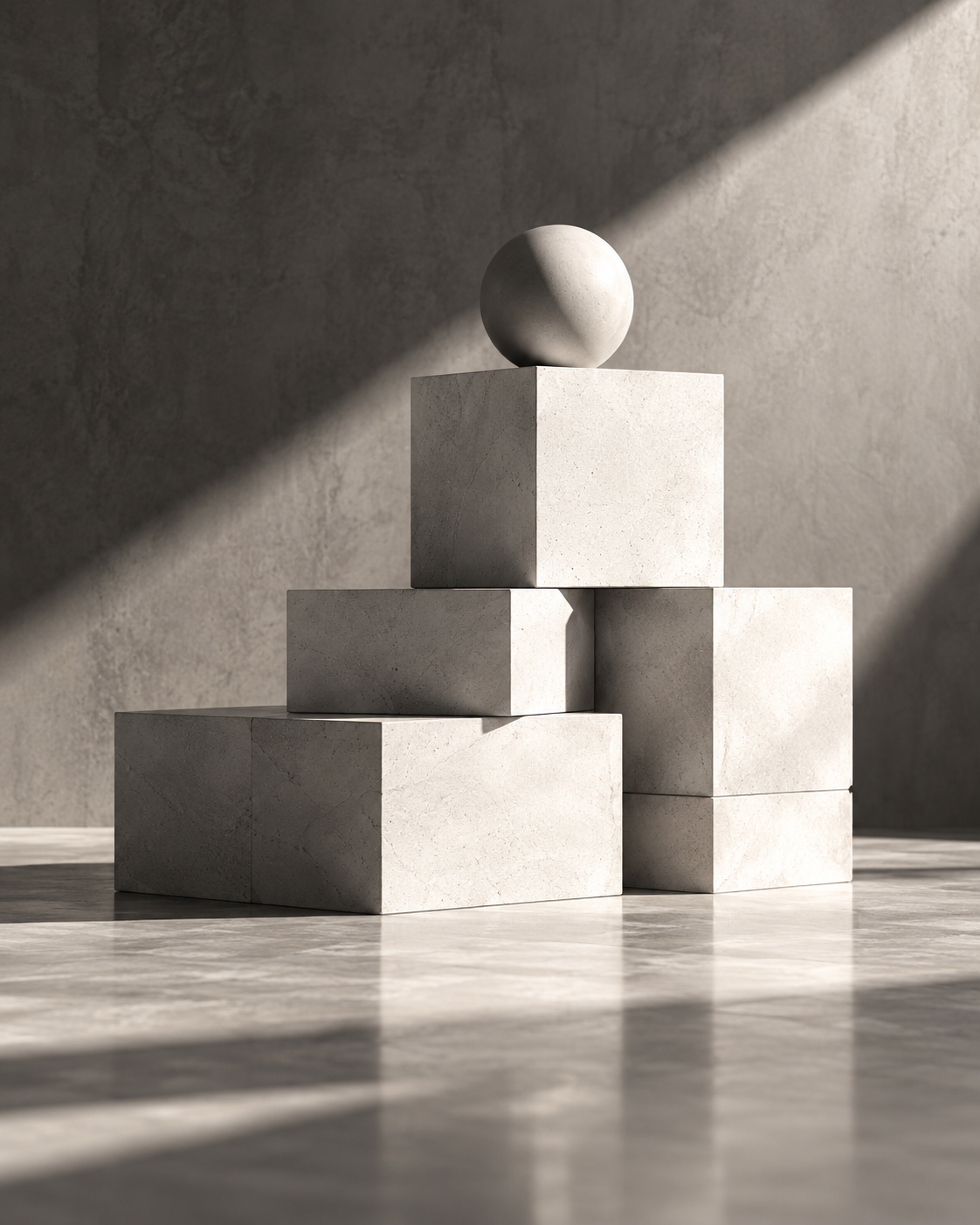 Stacked geometric stone blocks with a sphere on top.