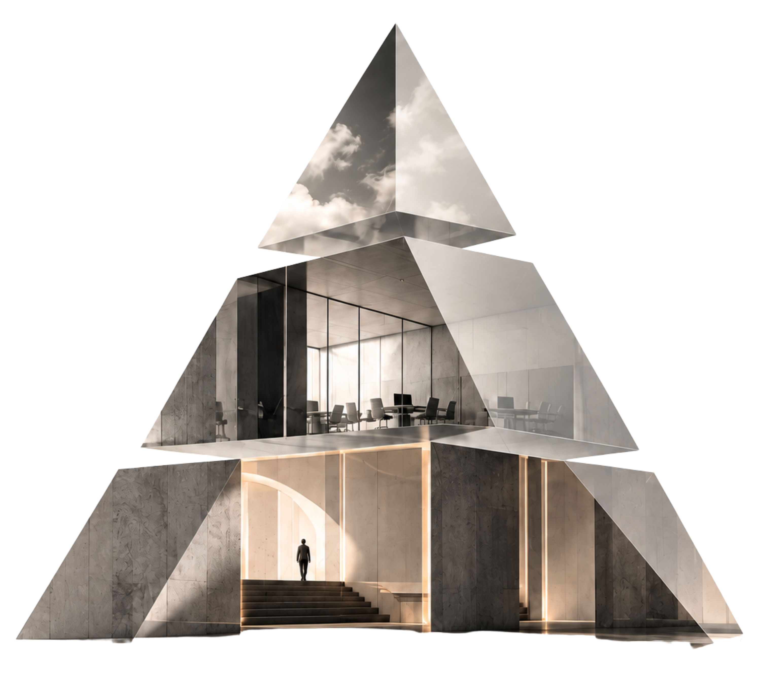 Three-dimensional architectural pyramid in glass and stone, with professional environments on its levels.