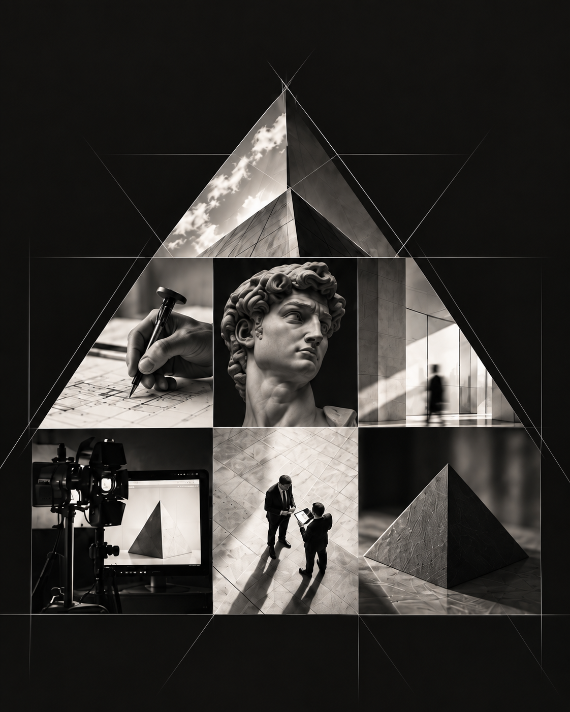 Pyramid composition with images of design, architecture and collaboration.