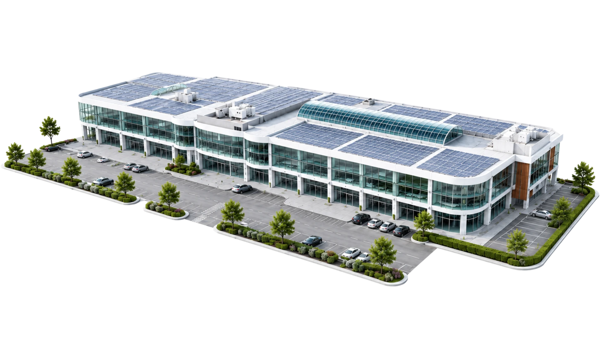 Render architettonico di un complesso direzionale con vetrate, pannelli solari e parcheggi alberati