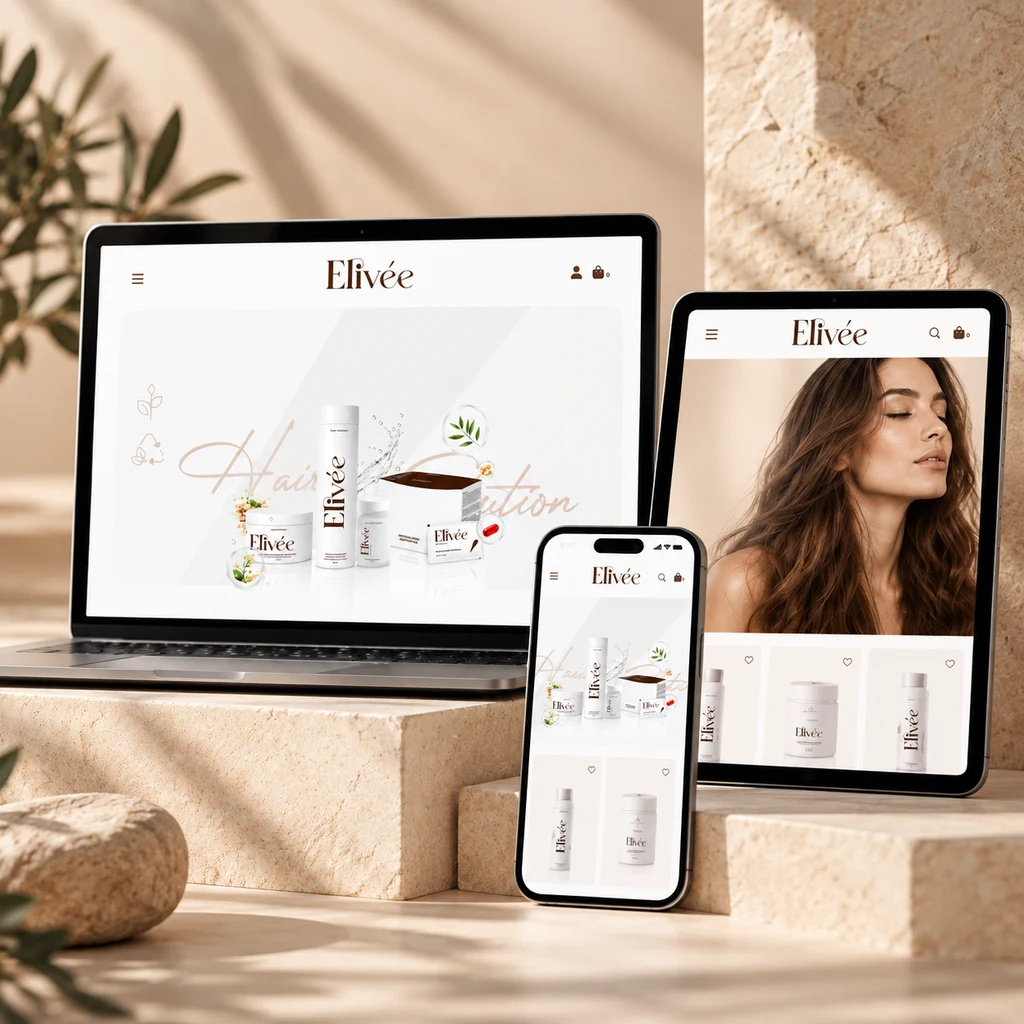 Mockup del sito Elivée su computer, tablet e smartphone, in un ambiente dai toni naturali.
