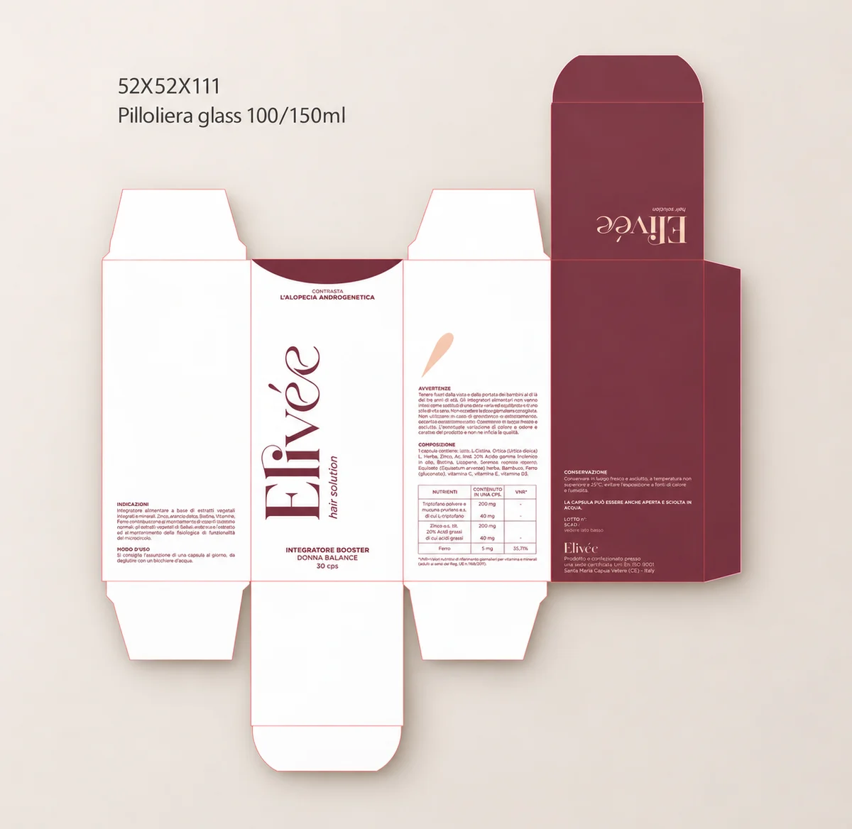 Fustella grafica dell’astuccio Elivée per la pilloliera Glass Donna Balance.