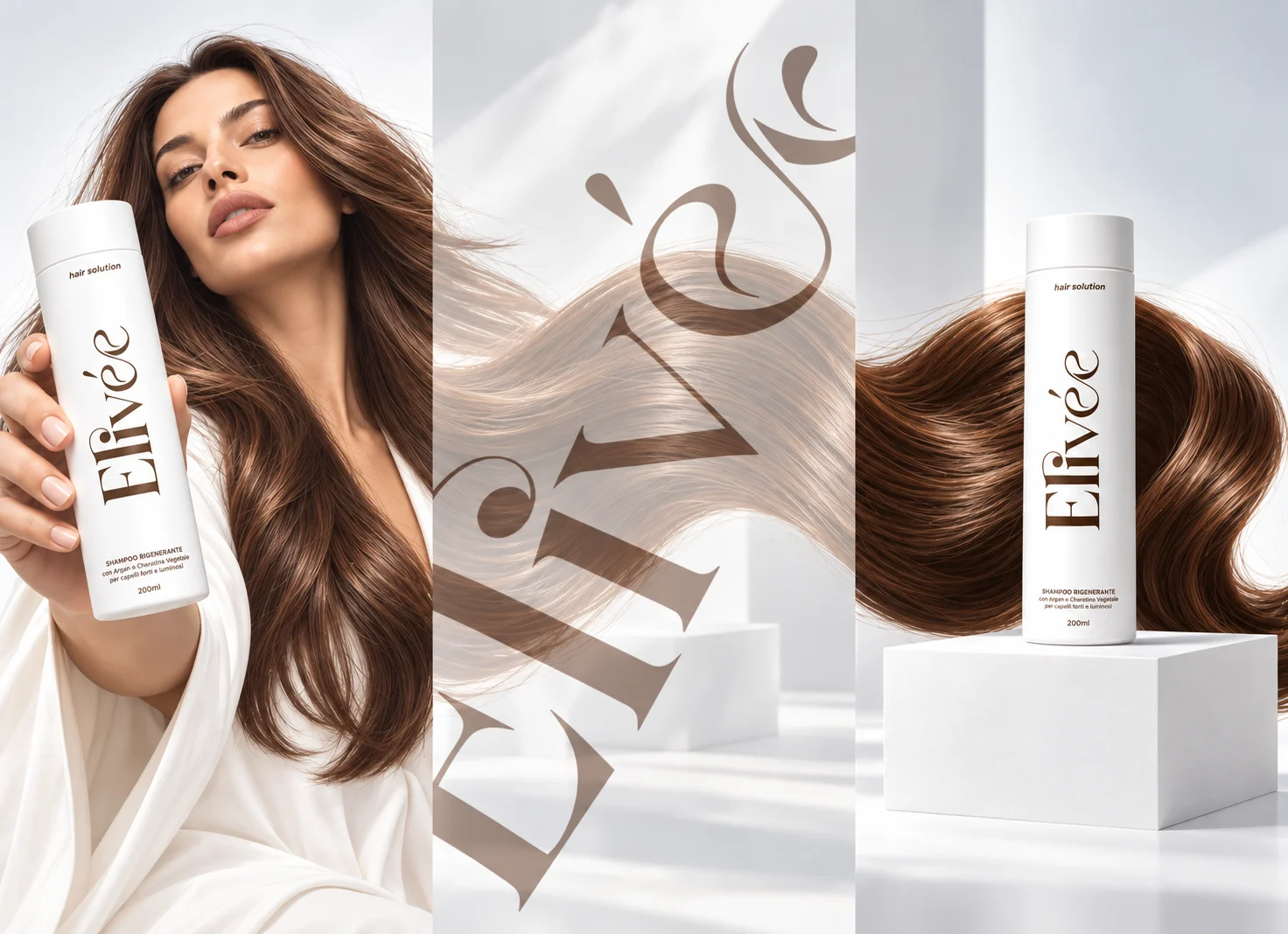 Composizione Elivée con modella, capelli, marchio e shampoo rigenerante.