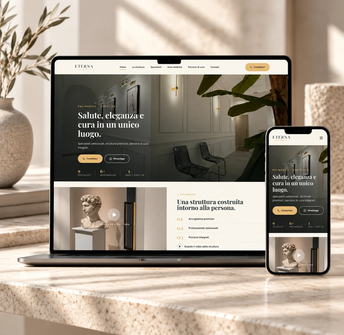 Mockup del sito Eterna Polimedico su computer e smartphone.