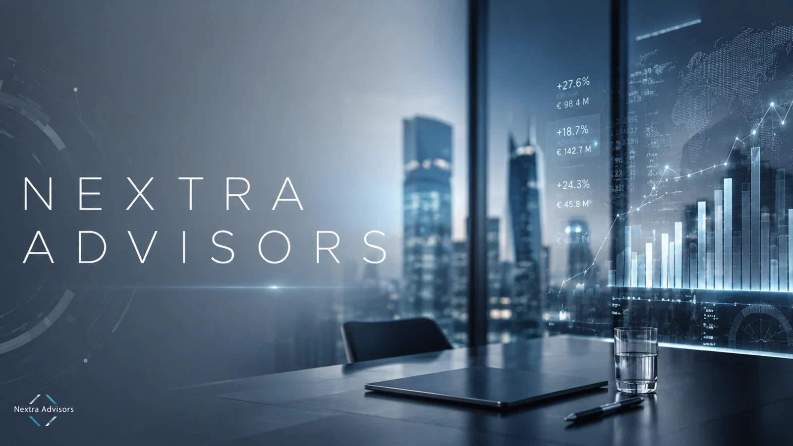 Composizione visiva Nextra Advisors con panorama urbano