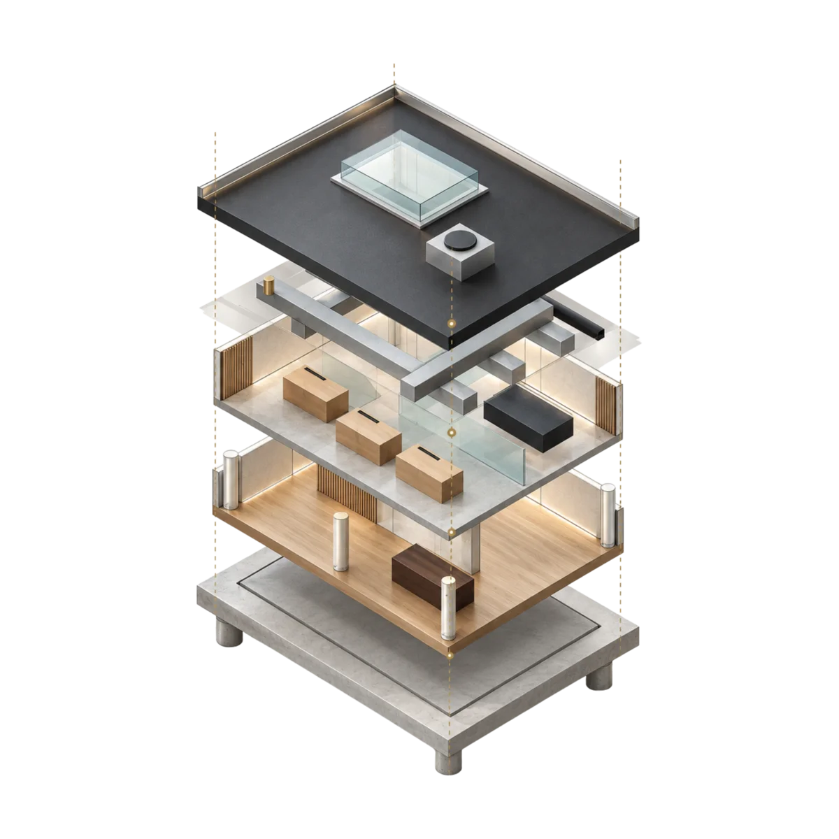 Modello 3D esploso di un edificio, con piani, struttura e copertura separati.