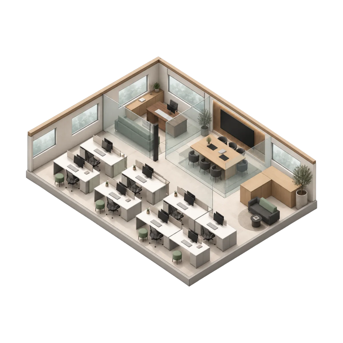 Visualizzazione 3D isometrica di un ufficio con postazioni, aree comuni e sala riunioni.
