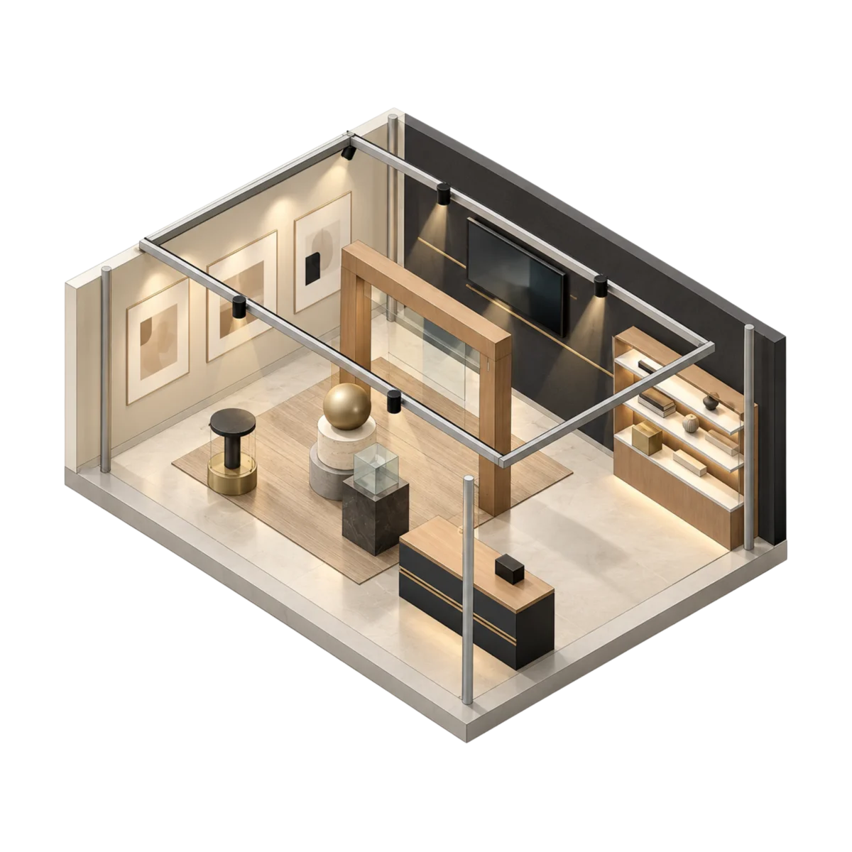 Visualizzazione 3D isometrica di uno showroom con arredi espositivi, pareti vetrate e illuminazione.